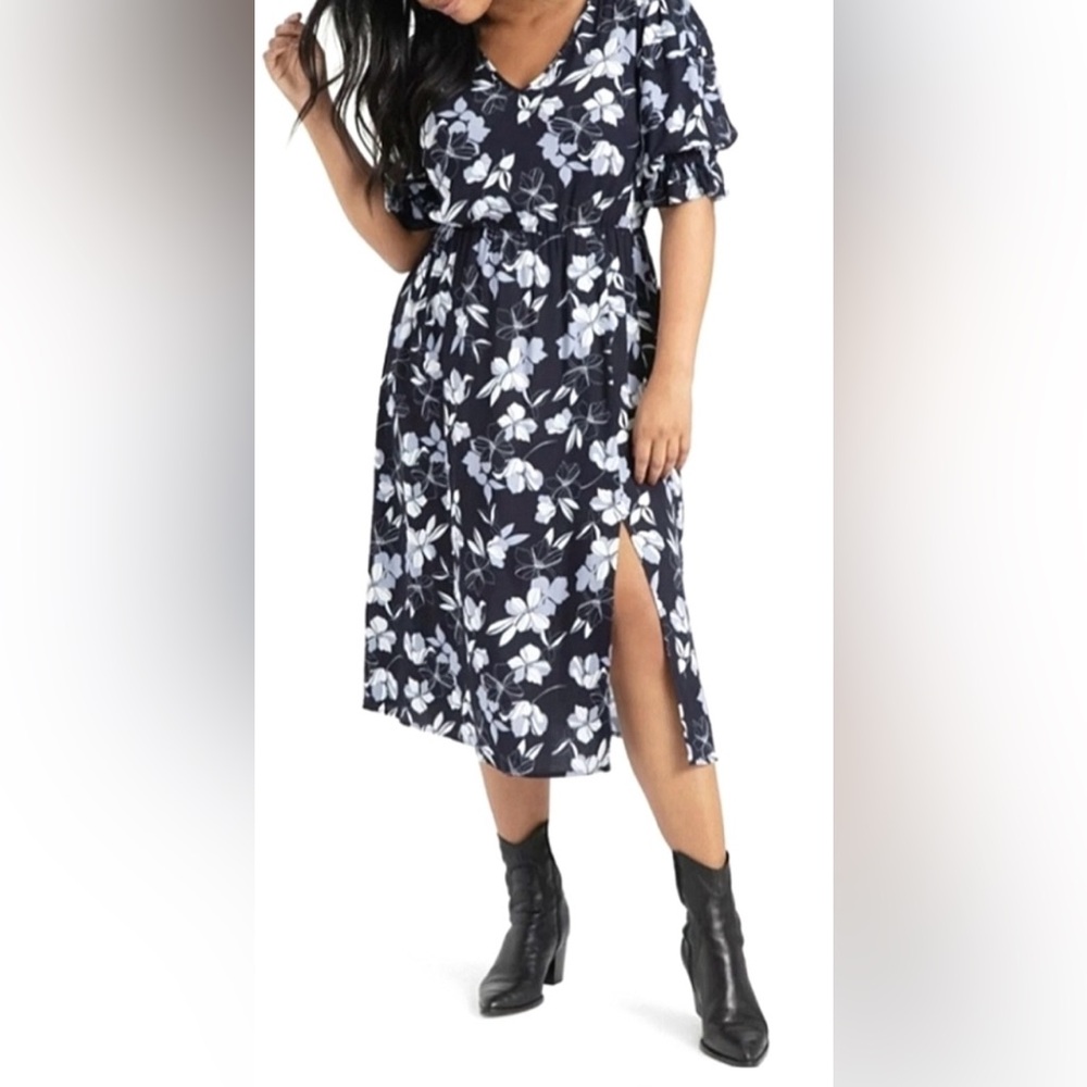 Eloquii Floral navy blue Puff sleeve midi ruffle cocktail boho dress Size 18